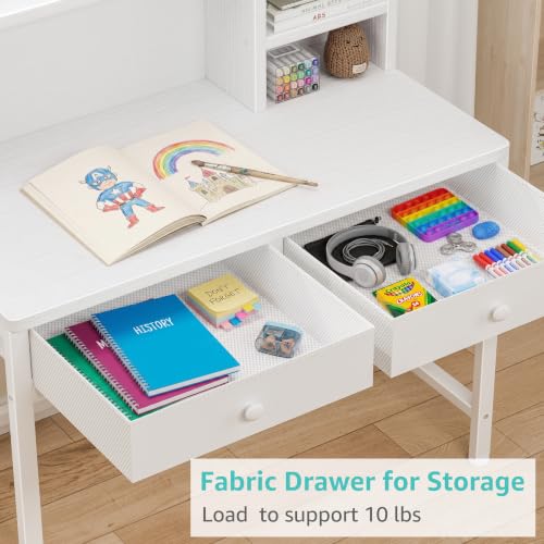 Kids Study Desk and Chair Set with Hutch and Fabric Storage Drawers