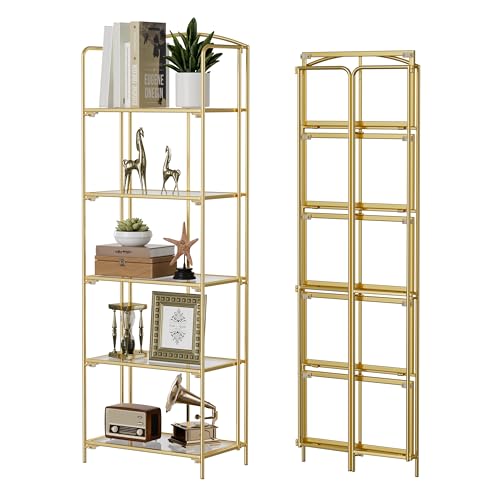 5-Tier Foldable Bookshelf, Gold Metal Frame & Transparent Shelves