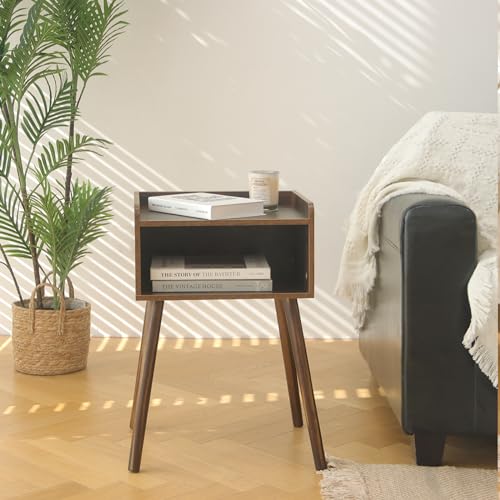 Mid-Century Modern Nightstand with 2-Tier Storage and Solid Wood Legs