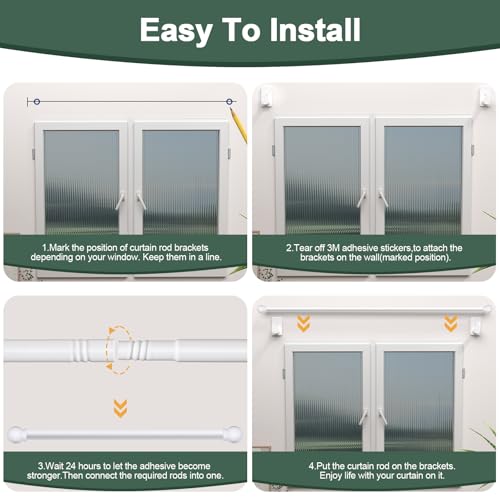 No Drill Curtain Rod 30-45 Inches, 5/8 Inch Diameter with Adhesive Brackets