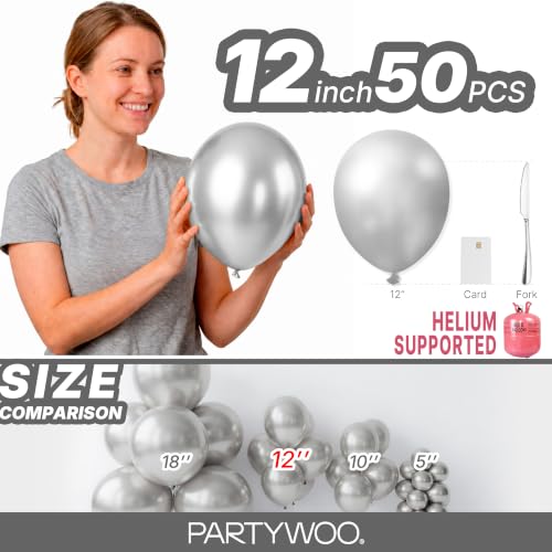 PartyWoo Silver Metallic Latex Balloons 12 Inch 50 Pcs for Party Decorations