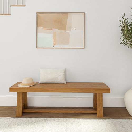 60-Inch Solid Wood Farmhouse Dining Bench, Pecan Wirebrush Finish