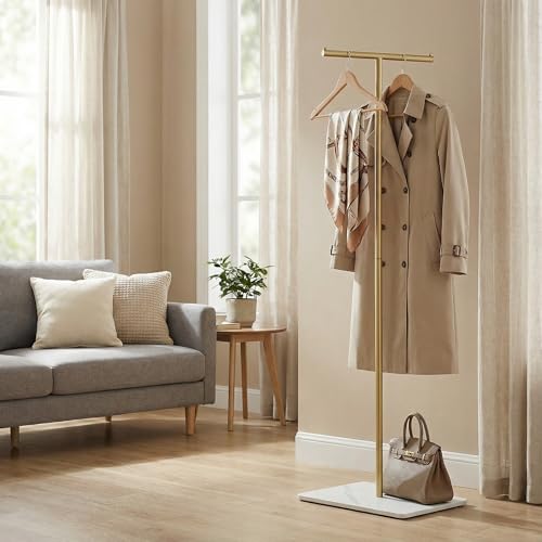 T-Shaped Freestanding Metal Coat Rack with Sintered Stone Base