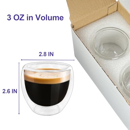 HomeyEra Double Wall Glass Espresso Cups Set of 2, 3oz Insulated Mugs