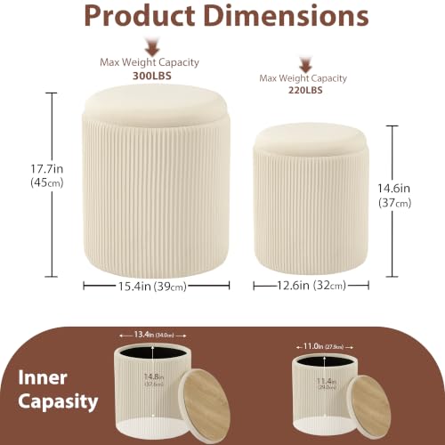 Royal Windsor Velvet Beige Round Storage Ottoman Set of 2 - Vanity & Footrest