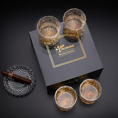 Hlukana Whiskey Glasses Set of 4 - 11 OZ Rocks & Scotch Glassware, Gift for Men & Women