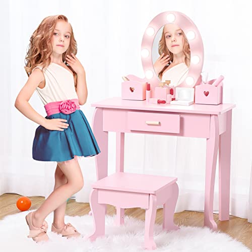 Kids Vanity Table and Stool Set with Lighted Mirror and Makeup Playset