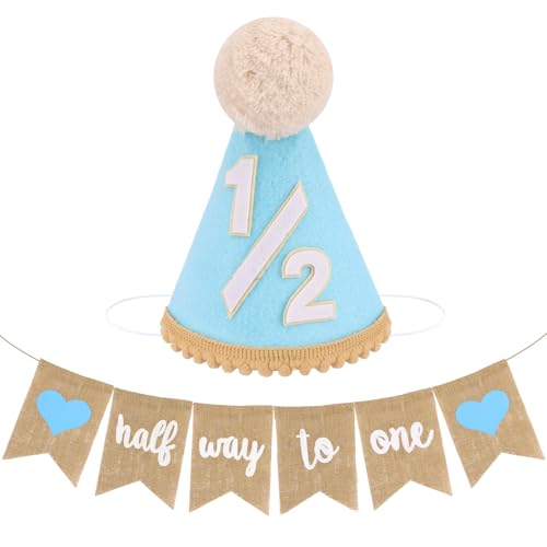 1/2 Birthday Party Hat and Banner Set for 6 Month Half Way to One Baby