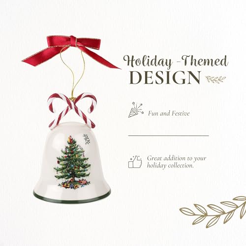 Earthenware Christmas Candy Cane Bell Ornament with Red Ribbon, 3.5 Inch