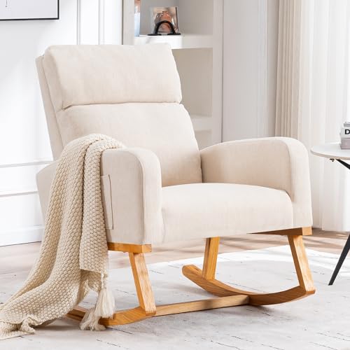 Upholstered Nursery Rocking Chair with High Back and Side Storage Pocket