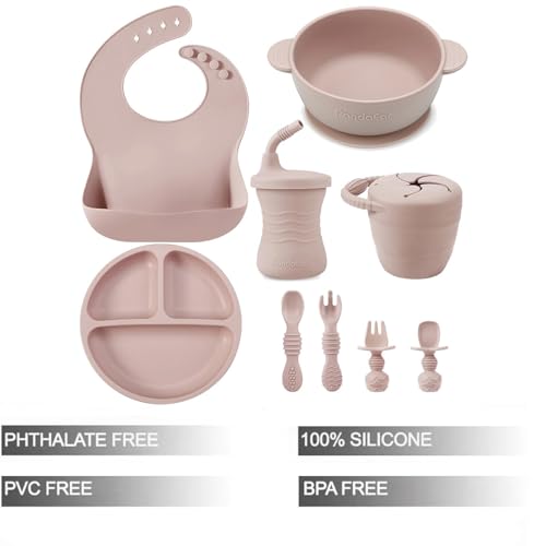 Silicone Baby Feeding Set 9-Piece Self Feeding Supplies with Suction Plate, Bowl, Bibs, Sippy Cup, Snack Container and Utensils in Pink