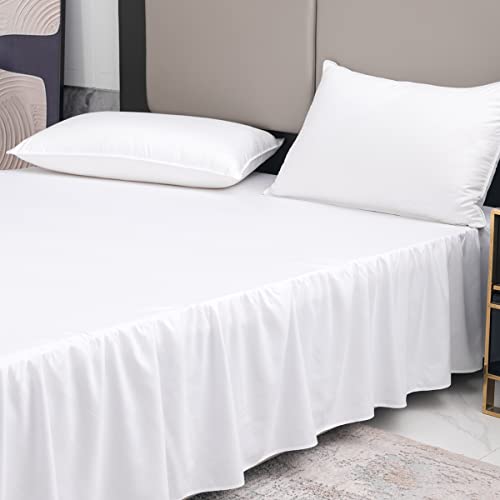 Queen Ruffled Bed Skirt with 14 Inch Drop & Split Corners - White Microfiber