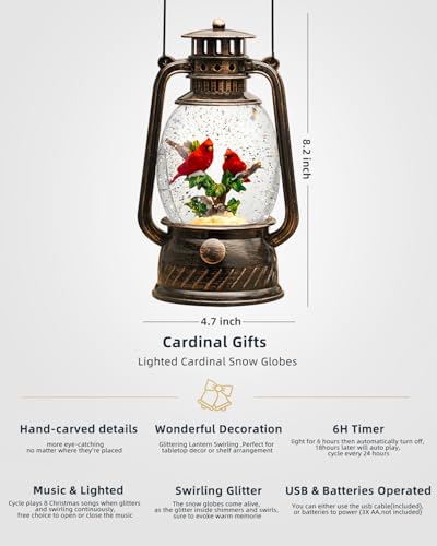 Musical Cardinal Snow Globe Lantern with 6-Hour Timer, 8.2-Inch
