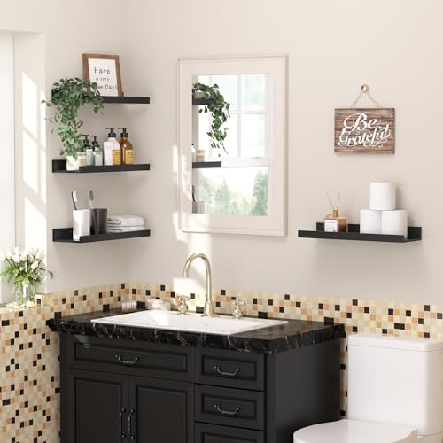 Black Floating Shelves Set of 6 - 15.7 Inch Wall Mounted Wood Shelves