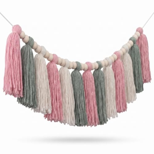 Boho Tassel Garland - Pink and Sage Green Cotton Wall Decor
