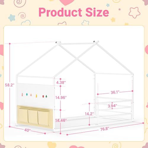 Twin Montessori House Bed Frame with Storage Caddy and Pegboard, White
