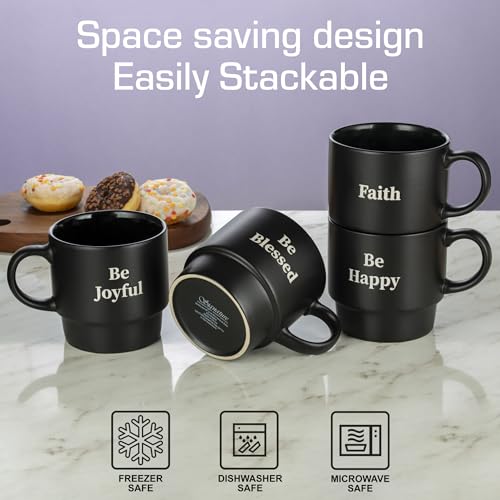 Be Happy Matte Black Stackable Coffee Mug Set with Metal Rack - 15oz, Large, Inspirational Messages