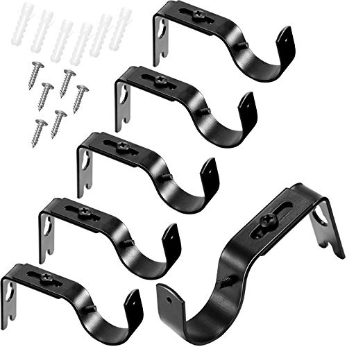 Adjustable Curtain Rod Brackets - 6 Pack Black Metal Wall Mount Holders