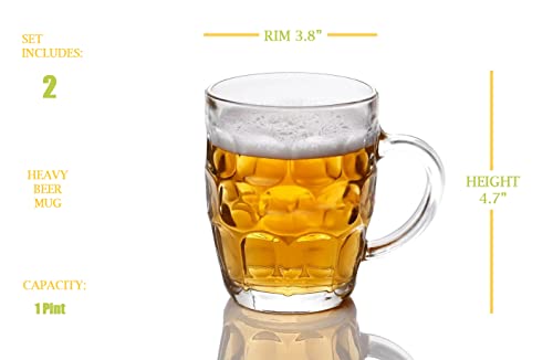 1 Pint Dimpled Beer Mugs - Heavy Duty Glass Pub Style Cup Set of 2