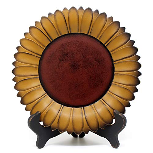 11-Inch Rustic Sunflower Wooden Decorative Plate with Display Rack