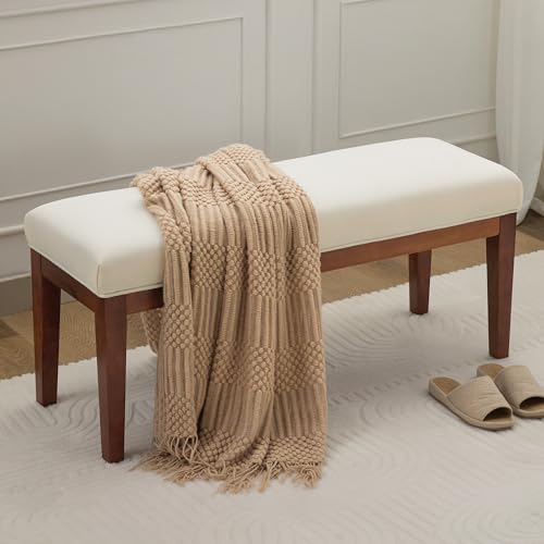 43.5-Inch Upholstered Bedroom Bench with Solid Wood Legs, Cream White
