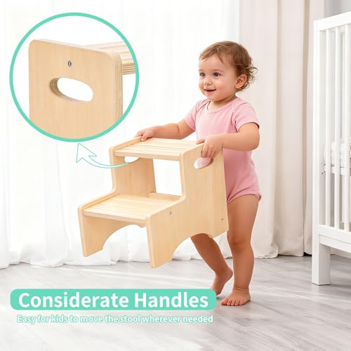 Wooden Two-Step Stool for Toddlers with Non-Slip Pads & Handles