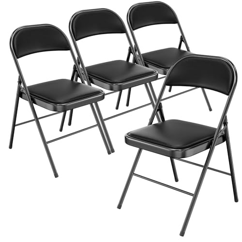Padded Folding Chair with Steel Frame, Set of 4, Black PU Leather