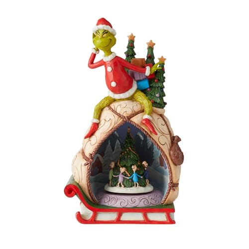 Animated Grinch Figurine with Rotating Scene and LED Lights - 11.5 Inch Collectible Christmas Decor