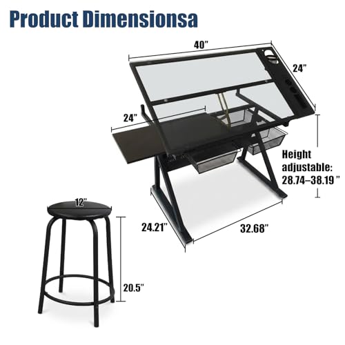 Adjustable Drafting Table with Stool, Tiltable Glass Top Art Workstation