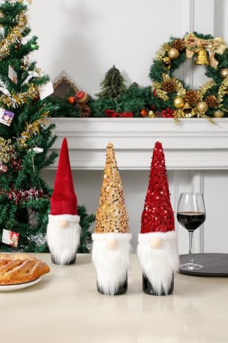 SANPLMG 3-Pack Glitter Gnomes Christmas Wine Bottle Covers - Santa & Snowman Decor
