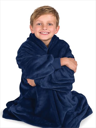 Bare Home Microplush Wearable Blanket for Kids with Side Pockets - Dark Blue