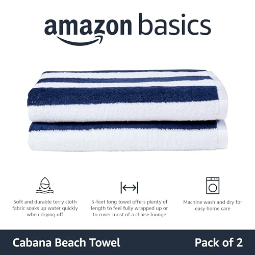 Cabana Stripe Beach Towel Set, 100% Cotton, 30 x 60 Inch, Navy Blue, 2-Pack