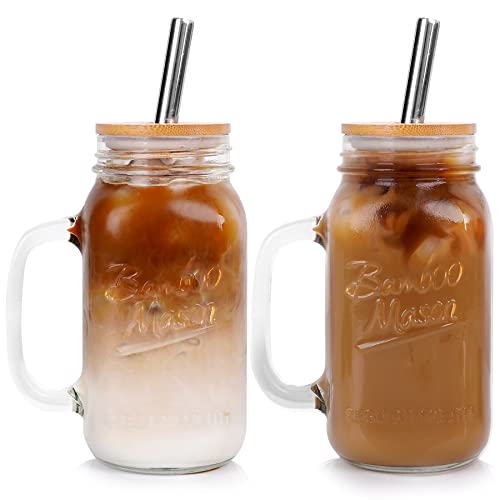 24 oz Mason Jar Glass Tumbler with Bamboo Lid and Stainless Steel Straw