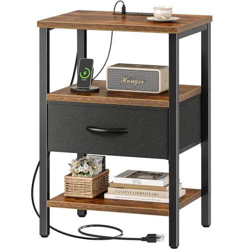 3-Tier Nightstand with Charging Station & Adjustable Fabric Drawer