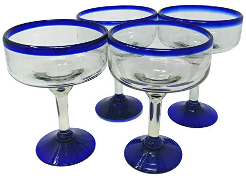 Set of 4 Mexican Hand Blown Margarita Glasses - Cobalt Blue Rim, 14 oz