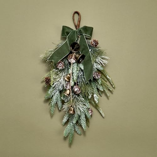 18-Inch Winter Front Door Swag with Bells, Pinecones, and Velvet Ribbon