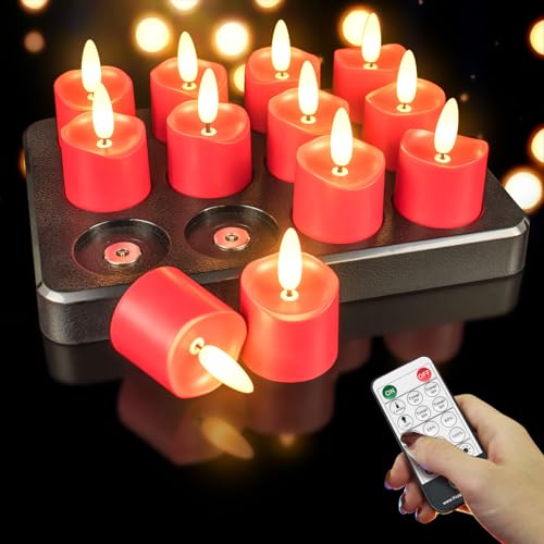 HL Rechargeable Waterproof 3D Red Tea Lights - 12pcs Bright LED Flameless Candles with Remote
