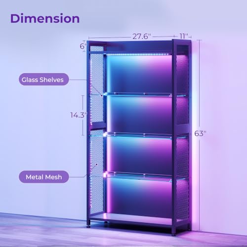 4-Tier Industrial Display Cabinet with Tempered Glass Shelves and RGB Lighting