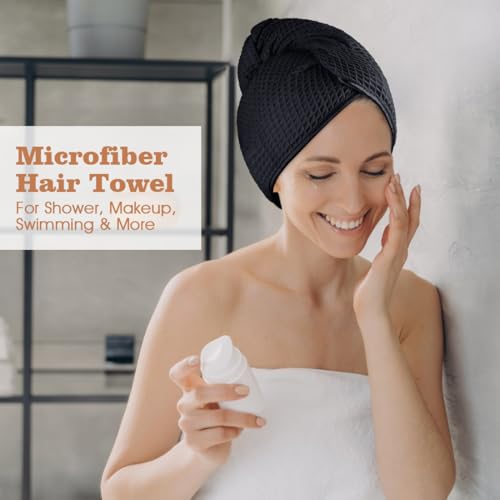 Black Microfiber Hair Towel Wrap 40" x 26.5" - Fast Drying, Curly & Thick Hair, Elastic Strap