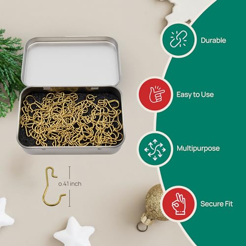 Gold Brass Miniature Christmas Ornament Hooks - Set of 100 with Storage Tin