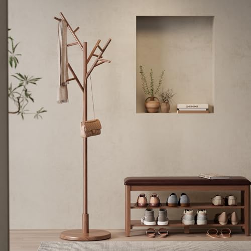 Solid Wood Freestanding Coat Rack with 12 Hooks, Adjustable Height Coat Tree