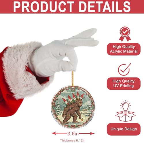 Bigfoot Gnome Christmas Ornaments Set - Funny Sasquatch Holiday Decorations - Acrylic Gnome Christmas Decor - ROCI