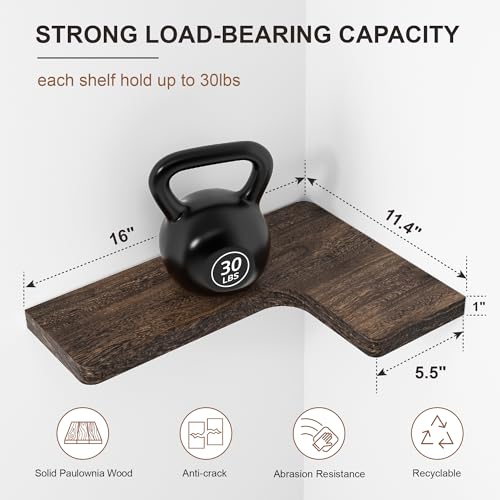 Set of 3 Rustic Floating Corner Shelves - Solid Wood Wall Mount Storage