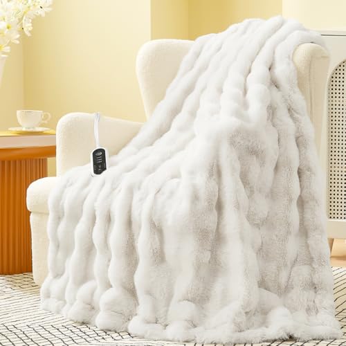 Heated Faux Fur Throw Blanket, 50x60 Inch Electric Blanket with 8 Heat Levels