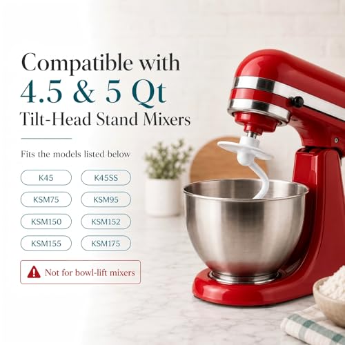 OMOVAN Coated Dough Hook for KitchenAid 4.5-5 Qt Mixers - Aluminum Kneading Tool