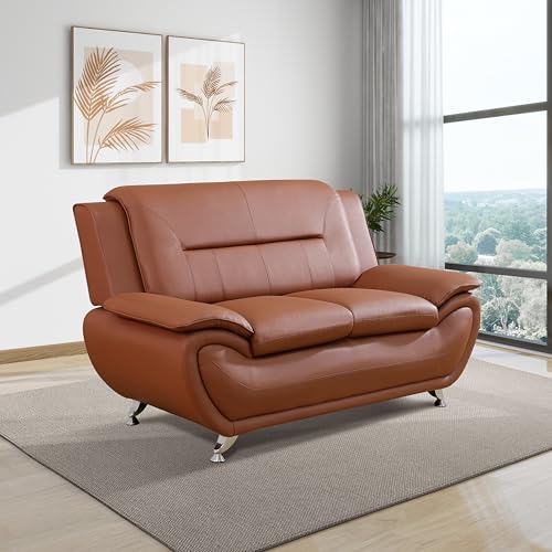 BrisaNube 2-Piece Leather Living Room Sofa Set - Modern Sectional Couch in Orange (Loveseat + 3 Seats)