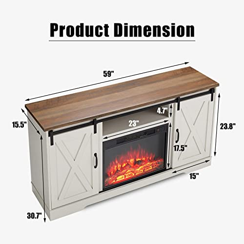 59-Inch Farmhouse Fireplace TV Stand with Sliding Barn Doors for 65-Inch TVs
