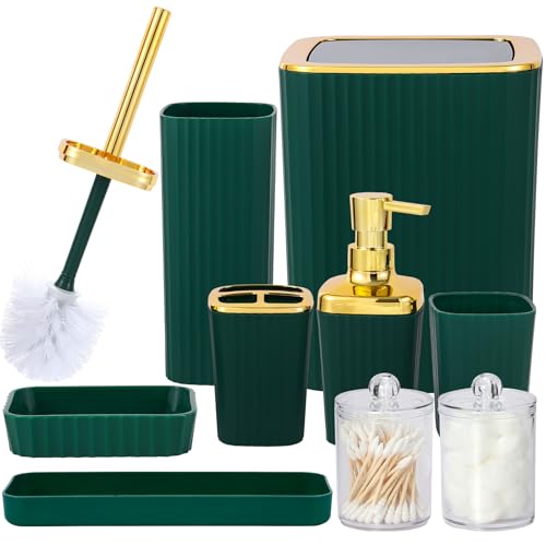 9-Piece Dark Green Bathroom Accessory Set with Trash Can and Vanity Tray