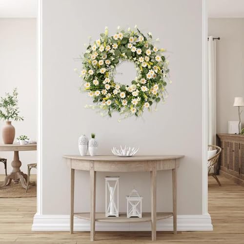 24-Inch Artificial White Daisy Wreath with Eucalyptus and Lavender