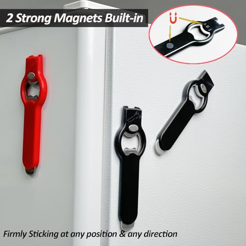 OPENPRO 2-Pack Black 2-in-1 Magnetic Can & Bottle Opener - Heavy Duty Stainless Steel, Large Handle, Fridge Magnet, Cap Catcher, Gift for Dad